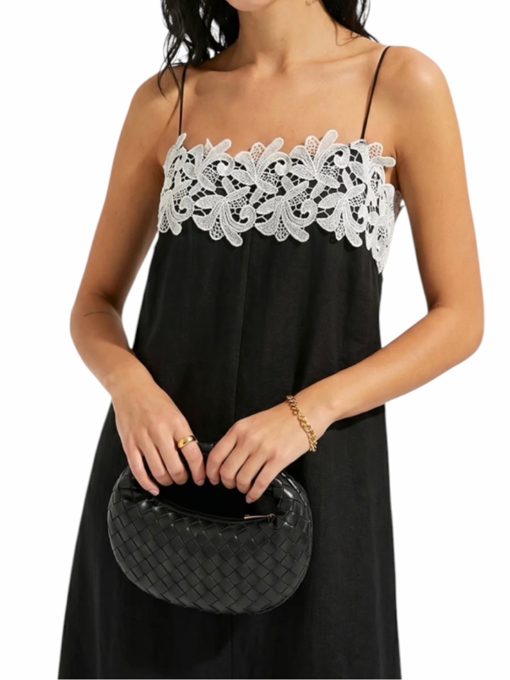 Commense Black White Lace Trim Linen Blend Cami Maxi Dress Medium NWT